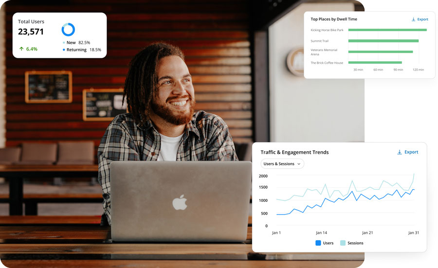 Man sitting at computer with analytics graphics around him